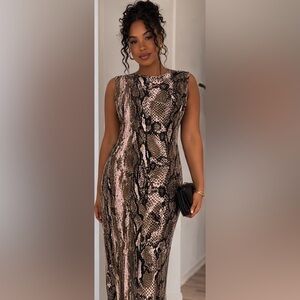 AKIRA Snake Print Midi Dress - Brown and Black